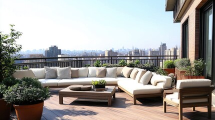 Fototapeta premium Rooftop terrace with modern lounge furniture, potted plants, and a city skyline view, ideal for relaxation and gatherings.