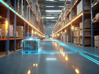 Smart warehouse management system using augmented reality technology to identify package picking and delivery . Concept of future supply chain and logistics