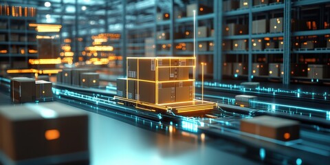 Smart warehouse management system using augmented reality technology to identify package picking and delivery . Concept of future supply chain and logistics