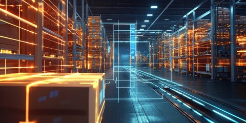 Smart warehouse management system using augmented reality technology to identify package picking and delivery . Concept of future supply chain and logistics
