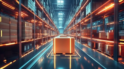 Smart warehouse management system using augmented reality technology to identify package picking and delivery . Concept of future supply chain and logistics