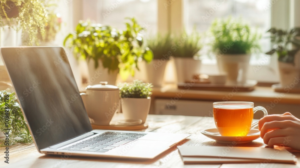 Poster a person enjoys a warm cup of tea while working on a laptop in a bright kitchen. sunlight pours in, 