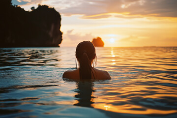 Fototapeta premium A woman is swimming in the ocean at sunset