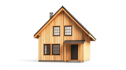 Scandinavian Minimalist House with Wooden Facade - A simple Scandinavian-style house isolated on white, featuring a wooden exterior, minimalist windows, 