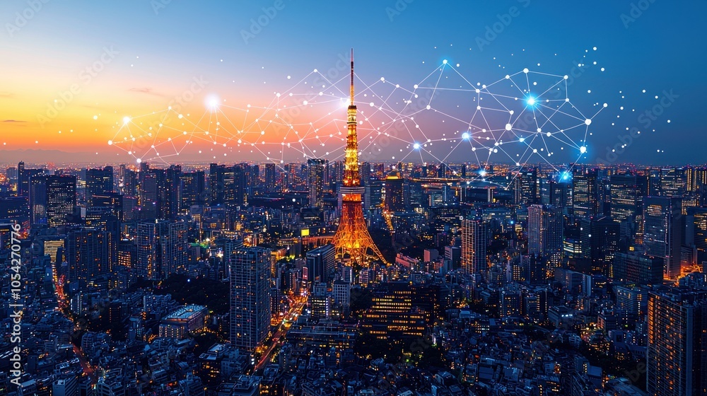 Poster tokyo skyline at dusk with network connections
