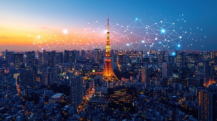 Tokyo Skyline at Dusk with Network Connections