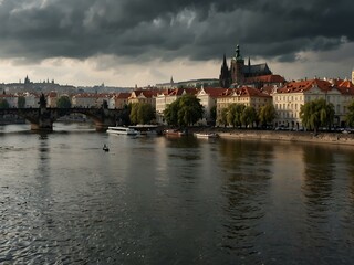Obraz premium Scenic view of Prague’s riverfront on a cloudy day.