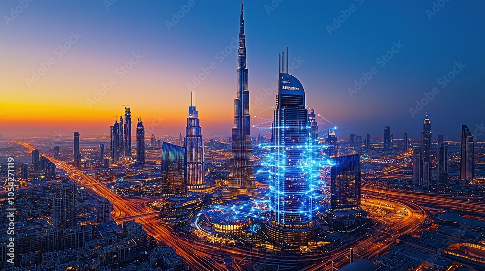 Poster illuminated skyscrapers in dubai with digital network overlay