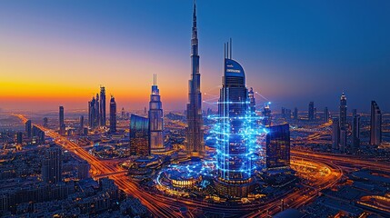 Illuminated Skyscrapers in Dubai with Digital Network Overlay