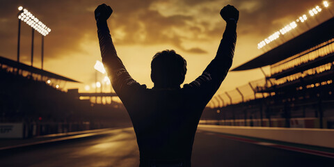 Fototapeta premium Silhouette of victorious race car driver celebrating at sunset, arms raised in triumph, with racetrack and stadium lights in background, capturing thrill of victory