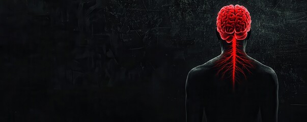 A silhouette of a human figure with a striking red brain, set against a dark background, symbolizing deep thoughts or consciousness.