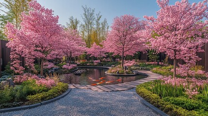 Obraz premium A serene Japanese garden with a koi pond surrounded by blooming cherry blossom trees and a stone path.