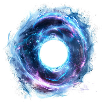 Ethereal blue and pink portal radiating cosmic energy with swirling stellar patterns and mystical wisps featuring vibrant cyan and purple hues in circular formation isolated on blank background