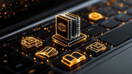 A hand interacts with virtual book icons over a laptop, emphasizing e-learning and digital book delivery in a detailed 3D environment.