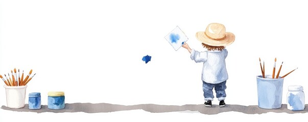 Obraz premium A child in a straw hat playfully splashes paint while surrounded by buckets and brushes, embodying creativity and imagination.