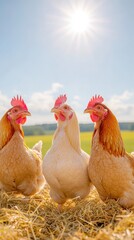 Fototapeta premium Three chickens stand together in a sunny field, surrounded by straw with a bright sun shining in the clear blue sky.