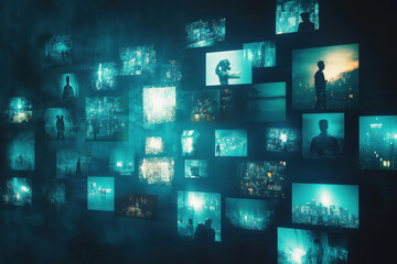 collection of illuminated photographs depicting urban scenes and silhouettes, creating mysterious atmosphere. blue tones enhance emotional depth of images