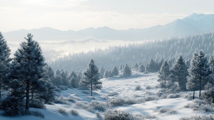 A serene winter landscape with snow-covered trees and distant mountains under a soft sky.