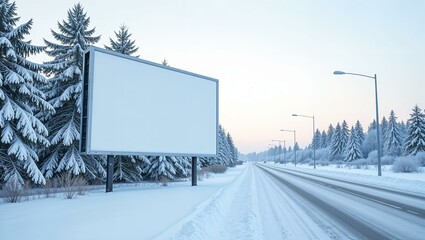 White empty billboard near the road, snowy winter, clean and minimalist design, large and empty, ready for custom text or graphics. horizontal advertisement mockup