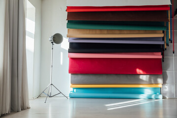 White Photo Studio Interior with Flash and Paper Backgrounds