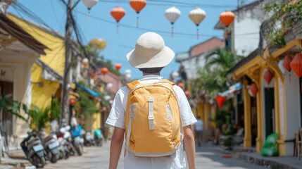 A traveler strolls down a vibrant, sunny street adorned with colorful lanterns, showcasing the charm of a lively destination.