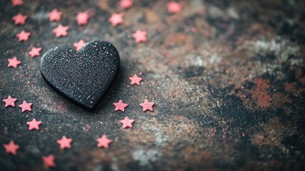 Fototapeta premium Black heart surrounded by pink stars on textured background