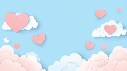 Obraz premium Pink hearts in blue sky with fluffy clouds