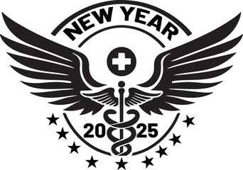 Happy New Year 2025 Medical Logo with Wings silhouette vector design