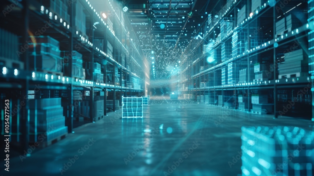 Poster digital boxes moving through a futuristic automated storage warehouse using artificial intelligence 