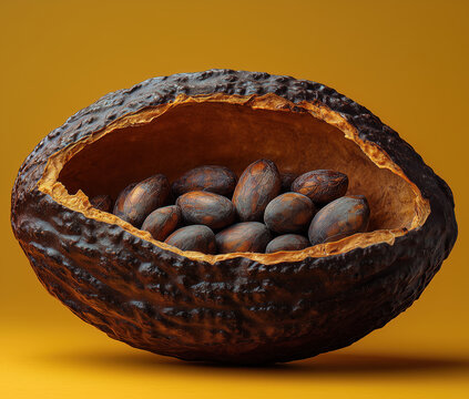 Corteza semilla de cacao abierta con textura, granos en el interior de la vaina, sueltos, agrupados, foto producto, futuro chocolate, fondo amarillo ocre uniforme, primer plano 