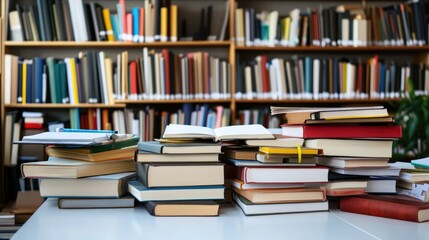A cluttered table with stacks of books in a library setting.