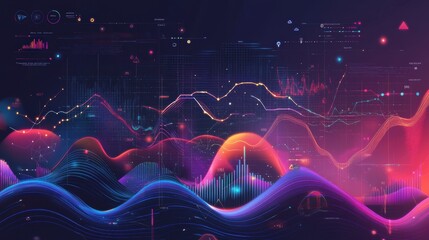 Abstract Data Visualization with Neon Lines and Charts