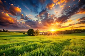 Warm summer sunset illuminating lush green meadows and fields