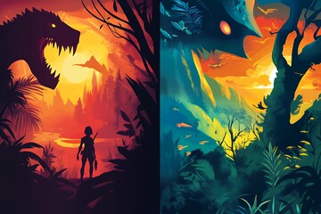 Silhouettes of a Woman and a Monster in a Fantasy Landscape