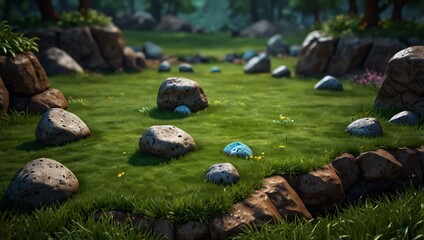 A 2D game level with rocks on vibrant green grass, encouraging interactive play.