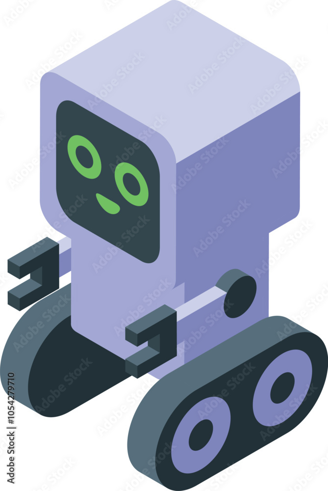 Poster friendly chatbot robot moving on wheels, demonstrating artificial intelligence and automation