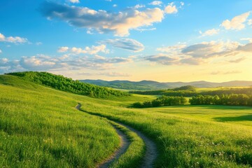 Obraz premium Captivating winding path through a vibrant green field in a mountainous area at sunrise beneath a sky filled with clouds. Beautiful wide-angle portrayal of a spring-summer scenery