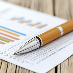 Fototapeta premium A close-up of a pen resting on a financial report with graphs.