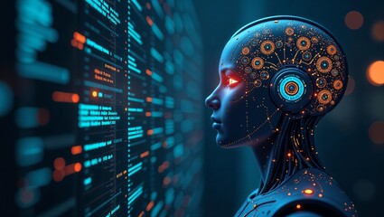 Humanoid cyborg robot with glowing eyes studies the electronic code on the large display of control panel