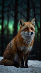 Fototapeta premium A fox with fur shimmering like the northern lights in a dark forest.