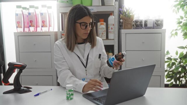 Woman pharmacist working in a pharmacy using a laptop while examining a medicine bottle in a clean, modern drugstore setting with shelves of products, a scanner, and indoor plants.