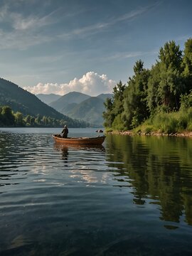 A fisherman on a boat casting lines at Bovan Lake near Sokobanja.