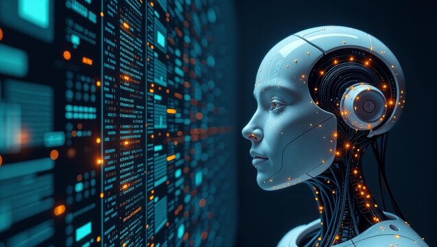 Humanoid cyborg robot scans digital program code on control panel in the laboratory. Concept of artificial intelligence and future technologies