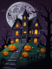 Fototapeta premium A Halloween illustration with a haunted house, ghosts, pumpkins, and a full moon on a purple background.
