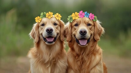 Obraz premium Cheerful Golden Retrievers with Flower Crowns