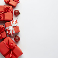A boarder of brightly colored Christmas gift boxes adorned with elegant ribbons against a white background 