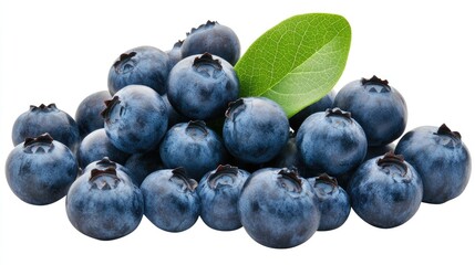 Close-up of plump blueberries with green leaves set against a contrasting background, showcasing their fresh and natural appearance.