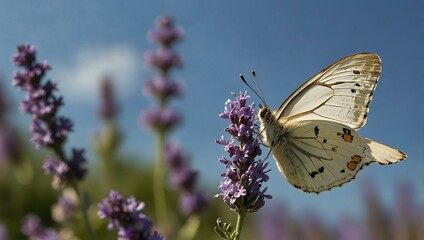 A white butterfly perched on lavender flowers against a clear blue sky, showcasing nature's tranquility.