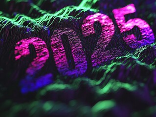 Creative abstract representation of the year 2025 with vibrant colors and dynamic textures, isolated on black.