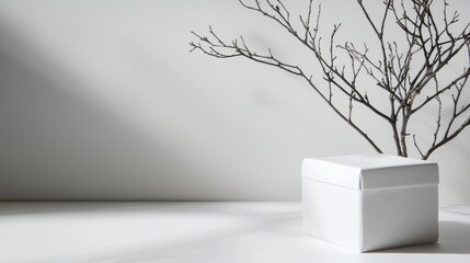 Obraz premium A clean and serene shot of a simple gift box, with tree branch shadows on a neutral backdrop, capturing the essence of organic elegance and minimalism.
